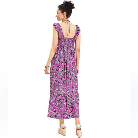 NWT Ann Taylor Loft Ruffle Midi Halter Dress Purple Floral Size 4 - Picture 2 of 12